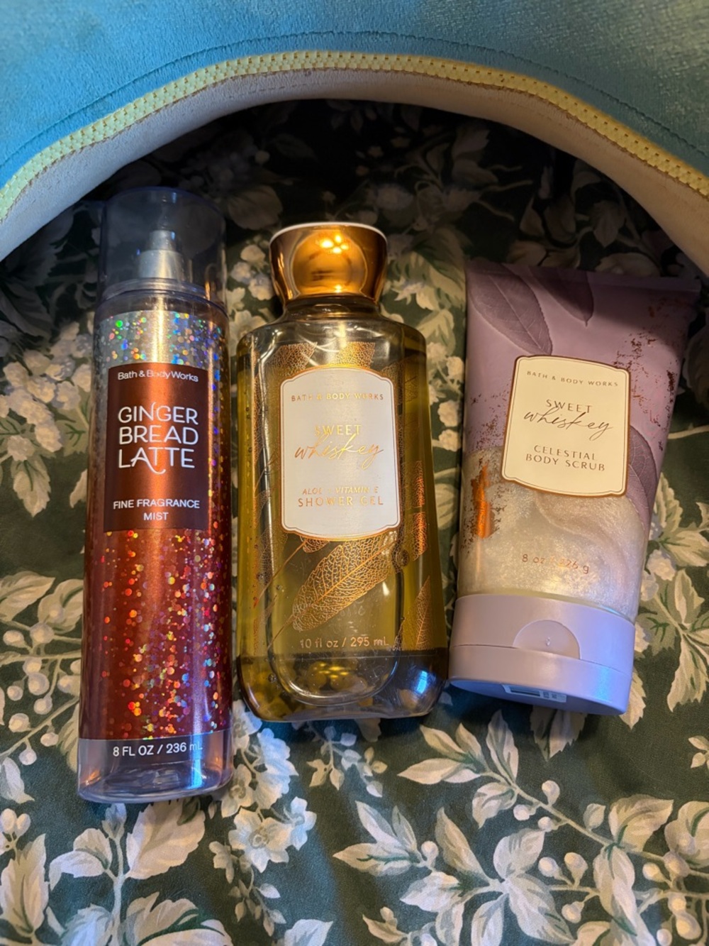 Bath & Body Works Sweet Whiskey & Gingerbread Latte fragrance used, gel & scrub